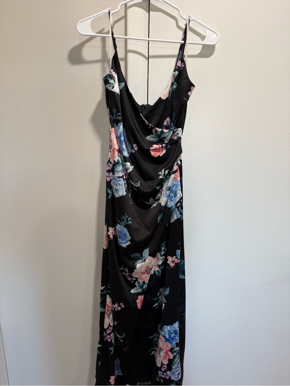 Lulu's Black Floral Cowl Maxi Dress with Pink & Blue Blooms